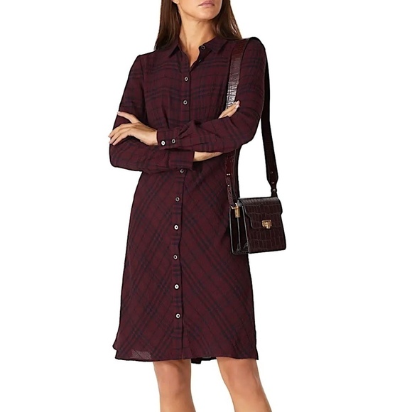 THAKOON COLLECTIVE Crinkle Crepe Plaid Dark Academia ShirtDress Maroon Designer - Picture 1 of 14